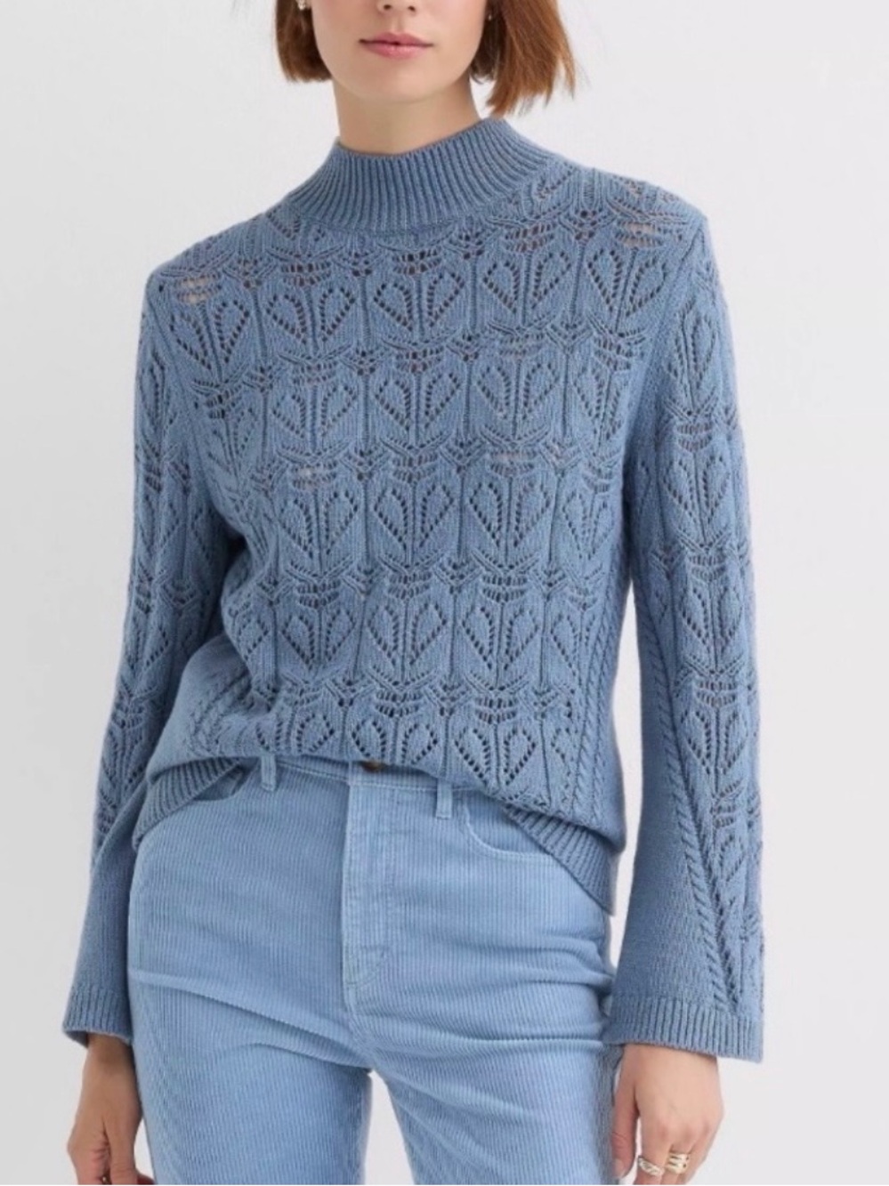 LOFT Pointelle Knit Mock Neck Sweater Dusty Blue Size M NWT Flare Sleeve Cotton